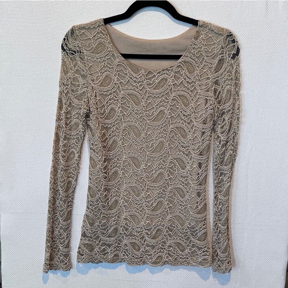 Y2K Sheer Long Sleeve‎ Lace Top Taupe Paisley Floral Scoop Neck longline top